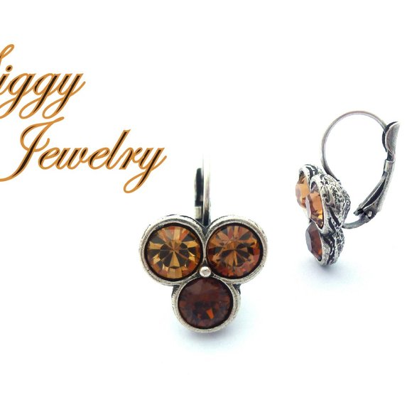 Triple Stone Triangular Shape Swarovski Crystal Topaz Drop Lever Back Earrings - Picture 2 of 4